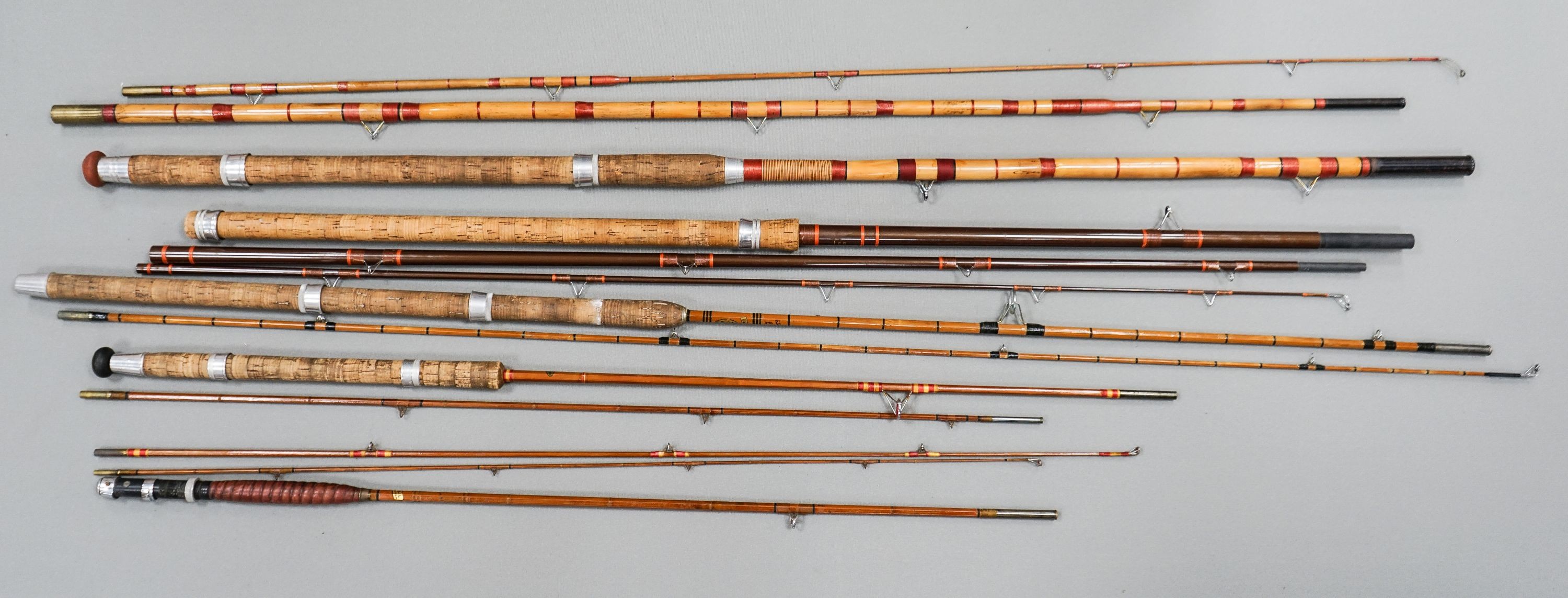 A collection of mixed split cane fishing rods, Les Compton, Elasticane, Carton-James and another (4)